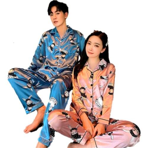 Lovers Pyjamas Women Full Sleeve Silk Satin Pajama Cartoon Couple ice silk Pajamas For Women Cute Sleepwear Sets Pijama Suit