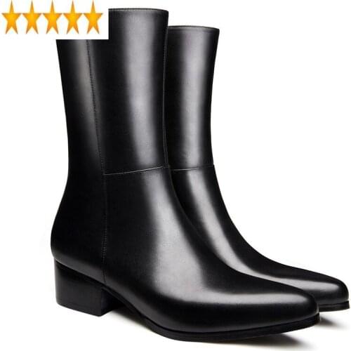 Genuine Warm Mens Autumn Winter Leather Brand Pointed Toe High Heel Zipper Fashion Classic Black Male Dress Boots