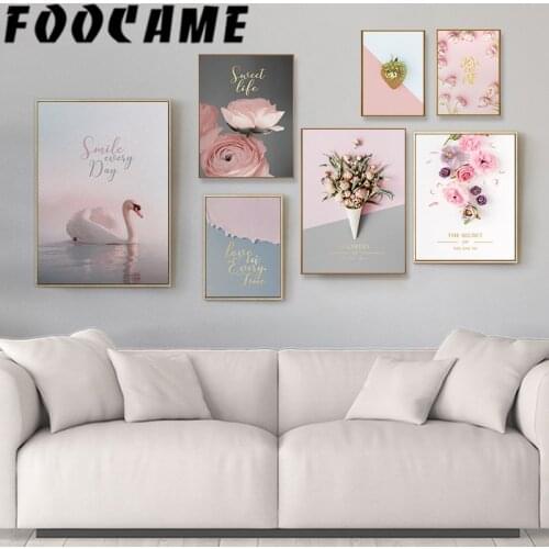 Swan Pink Flower Minimalist Nordic Posters and Print Wall Art Canvas Landscape Painting Living Room Sweet Decoration Pictures