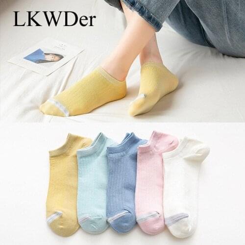 LKWDer 5 Pairs Women Socks Female Shallow Mouth Trend Multi-color Boat Socks Cotton Sweet Candy Color Korean Non-slip Sock Meias