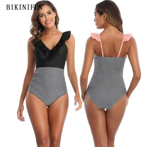 2020 New Striped Patchwork Monokini Women V Neck Swimsuit Plus Size Beachwear S-2XL Girl Ruffled Strap Swimwear One Piece Suit