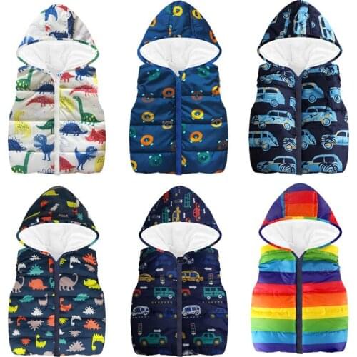 Autumn Winter Warm Kids Vests For Boys Girls Cartoon Dinosaur Rainbow Vest Outerwear Sleeveless Hooded Jackets Baby Waistcoats
