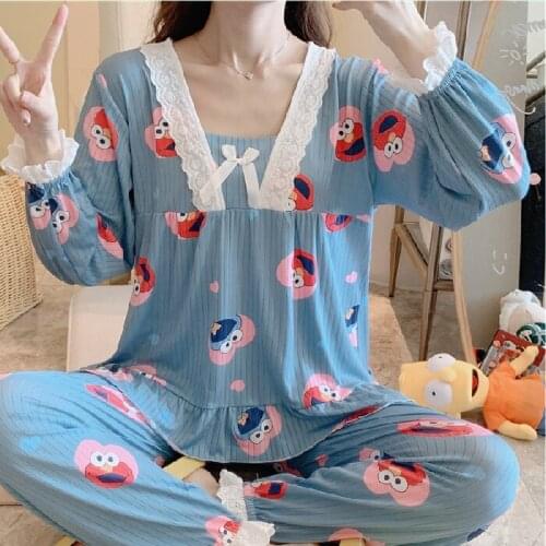 Autumn Soft Girls Pajamas Set Korean New Long Sleeve Loose Leisure Sleepwear CutePrint Women Nightwear Shirt Homewear Clothes