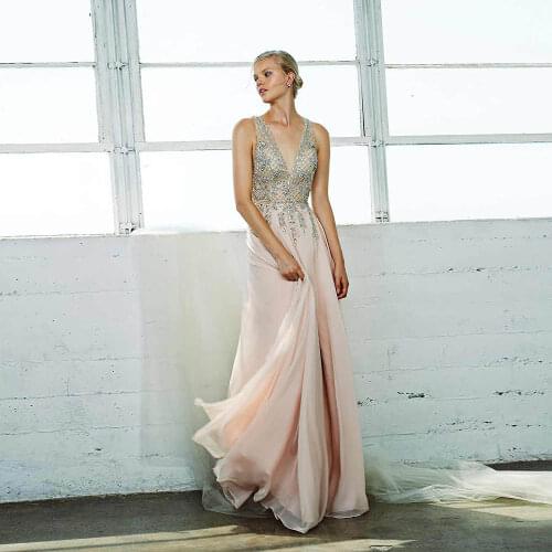 YQLNNE Sexy Slit Blush Pink Long Prom Dresses V Neck Beaded Chiffon Formal Party Gown Sleeveless