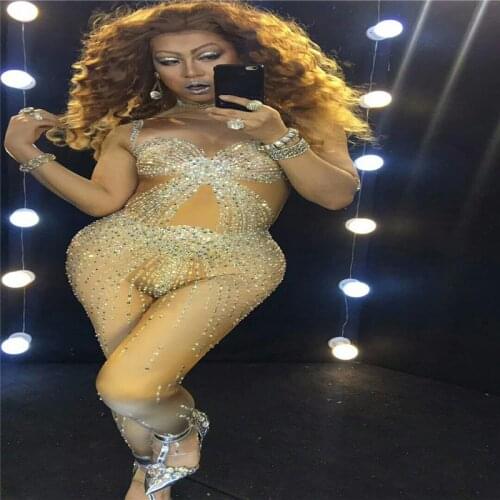 F73 Singer sexy diamonds jumpsuit dj crystal bodysuit stage wears prom ballroom dance costumes models performance outfit party