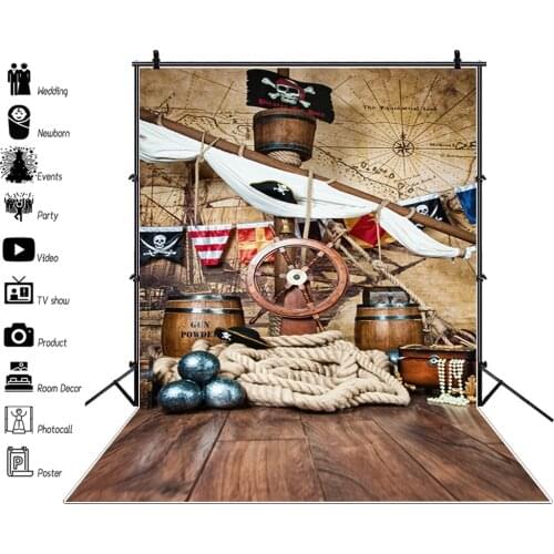 Birthday Backdrops For Photography Pirate Ship Deck World Map Party Baby Child Portrait Photo Backgrounds Photocall Photo Studio