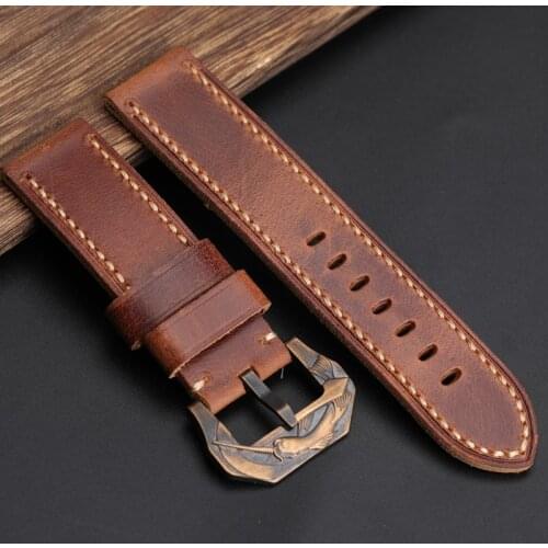 The First Layer Of Leather Watchband 20 21 22 23 24MM For PAM Bronze Bracelet, Brown Men Bracelet Handmade