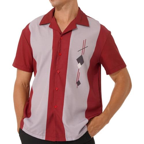 Men Fashion Loose Color Block Button Down Shirt Stylish Print Turn Down Collar Short V Neck Sleeve Tops