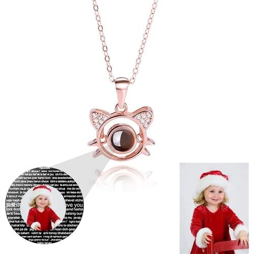 Cute Crystal Cat Shaped 100 Languages I Love You Projection Pendant Personalized Custom Photo Name Necklace Charm Memory Jewelry