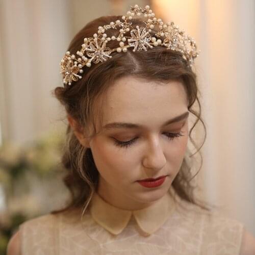 Bridal Hair Tiara Gold Floral Women Crown Pearls Jewelry Handmade Wedding Party Hairband Hair Accessories