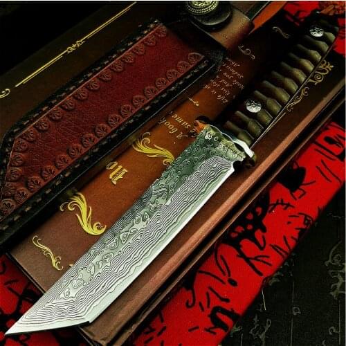 PEGASI Japan vacuum forging Damascus steel G10 steel core high hardness integrated hunting knife red wood handle tactical knife
