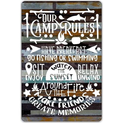 Funny Our Camp Rules Metal Tin Sign Wall Decor Farmhouse Rustic Camping Signs with Sayings for Home Camper Room Decor Gifts
