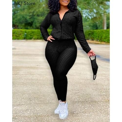 Women Two-Piece Set Suits Oversize 4XL3XL Solid Long Sleeve Coats & Fitted Pants Set