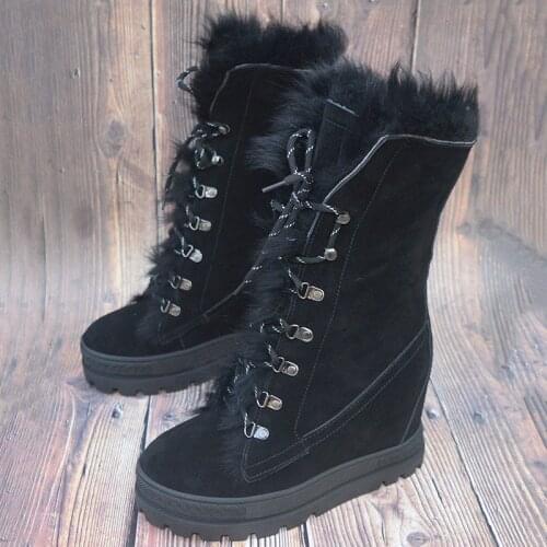 Winter Woman Black Suede Height Increasing 8 CM Wedge Boots Warming Thick Sole Lace Up Casual Fur Snow Short Ankle Boots