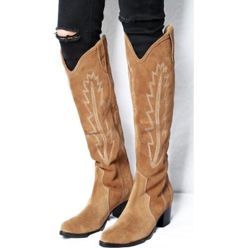 2019 Runway cowboy boots women embroidery slip on knee high boats suede leather high heels winter shoes woman western booties