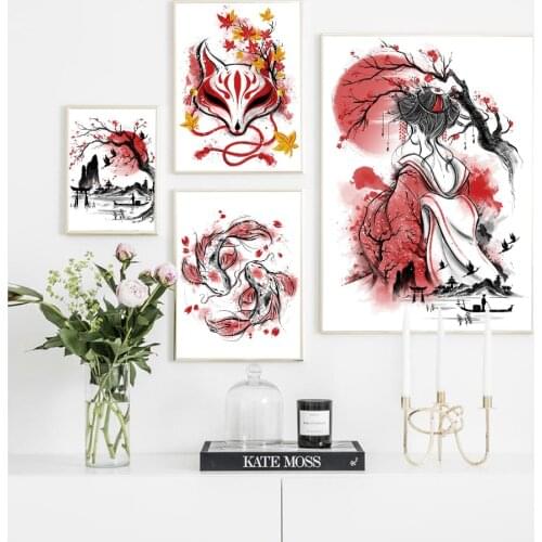 Abstract Red Series Japanese Geisha Koi Canvas Painting Wall Art Nordic Posters and Prints Wall Pictures for Living Room Decor