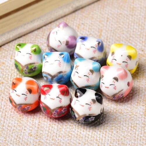 5pcs Fortune Cat 16x14mm Ceramic Porcelain Loose Beads for Jewelry Making DIY Crafts Findings