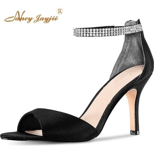 Black Rhinestone Wedding Shoes For Bride Stilettos High Thin Heels Ankle Strap Sandals Woman Zipper Large Size 33 35 Elegant