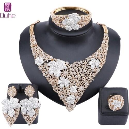 Dubai Elegant Women Rhinestones Crystal Jewelry Big Necklace African Style Bangle Earrings Rings Party Fashion Jewelry Sets