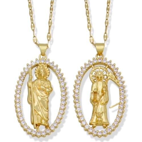 Geometric Hollow Oval Zirconia Micro Pave Pendant Catholic Necklace Classic Jewelry & Grim Reaper Necklace for Women Gift