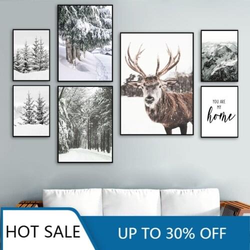 Pine Tree Snow Mountain Forest Deer Quote Wall Art Canvas Painting Posters Print Nordic Wall Decor For Aesthetic Home Decoration
