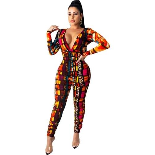 Jumpsuits for Women 2020 Autumn new Womens Sexy Deep V-neck Long Sleeve Color Leopard Print Pleated Jumpsuit Club wear