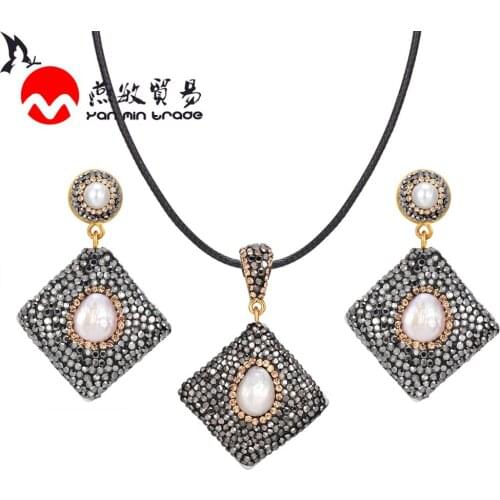 2020 new Freshwater Pearl Earrings Necklace Set For women Classic Square Shape Inlay Black Rhinestone Pearl wedding Jewelry Sets