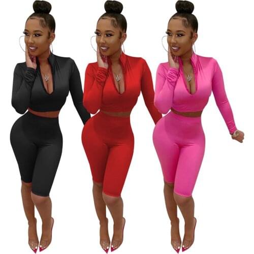TNNAOFF Sexy Elastic Skinny Two Piece Tracksuits Women Solid Zip T Shirt Tops Fashion Biker Shorts Lounge Wear Matching Sets