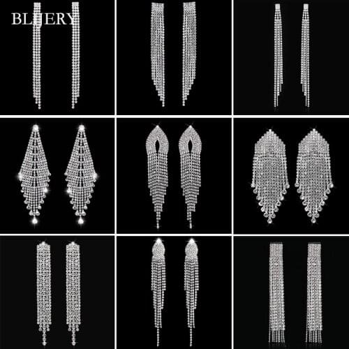 BLIJERY Bling Rhinestone Crystal Long Tassel Drop Earrings for Women Big Hanging Dangle Earrings Brincos Bridal Wedding Jewelry