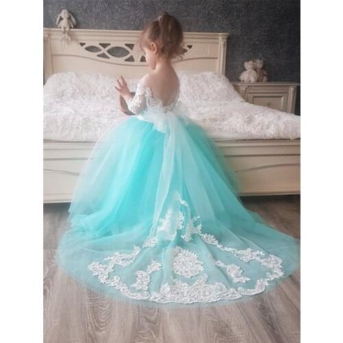 Lace Satin Flower Girls Dresses Ankle Length First Communion Dress Short Sleeve Pageant Gown For Girls Big Bow Prom Dress