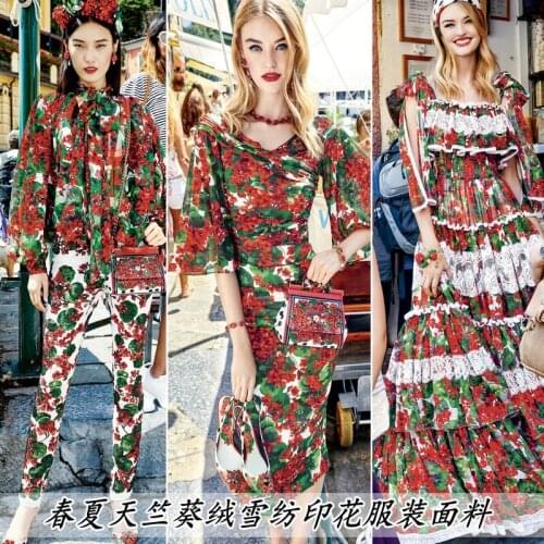 Summer hydrangea geranium printed chiffon fabric handmade diy parent-child dress skirt shirt fabric fashion design cloth