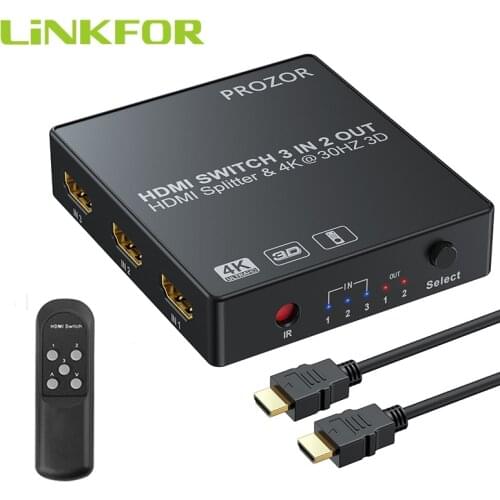 LiNKFOR 3x2 HDMI-Compatible Switcher Splitter 4K 3D Automatical HDMI-Compatible Adapter 3 In 2 Out Switch Remote Control for PC