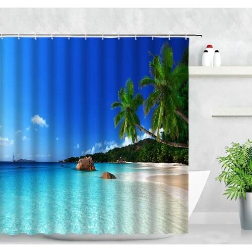 Ocean Landscape Beach Palm Trees Mountain Forest Seaside Scenery Bathroom Shower Curtain Modern Waterproof Home Decor Curtains