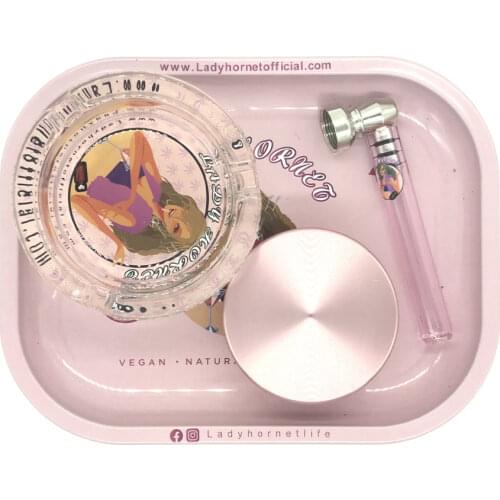 Pink Smoking Tool Kit Aluminum Alloy Herb Grinder Metal Rolling Tray Glass Ashtray and Tobacco Pipe Weed Tray Set