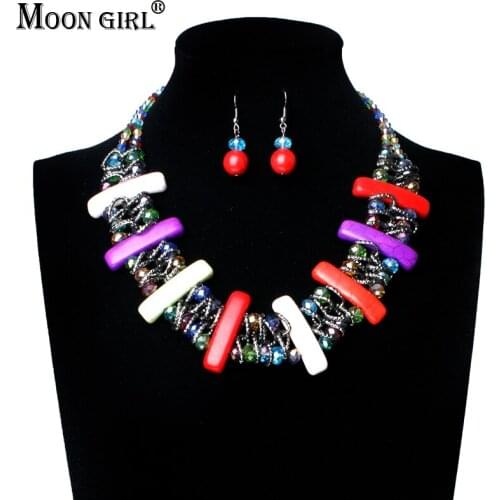 MOON GIRL Bohemian Crystal Jewelry Set Rectangle Necklace Drop Earring Set Colorful Fashion Necklace Women