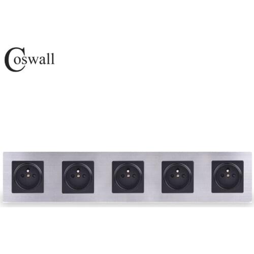 COSWALL Stainless Steel Panel 5 Gang Wall Socket 16A French Standard Power Outlet Silver Black Color With Child Protective Door