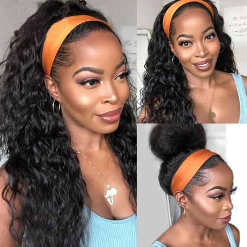 Malaysian Headband Wig Human Hair Wigs For Women GlueLess Water Wave Headband Wig Free Scarf 180% Density Full Machine Made Wig