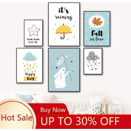 Poster Home Poster Decoration Canvas Painting Umbrella Maple Leaf Raining Cloud Kids Room Decoration Wall Stars