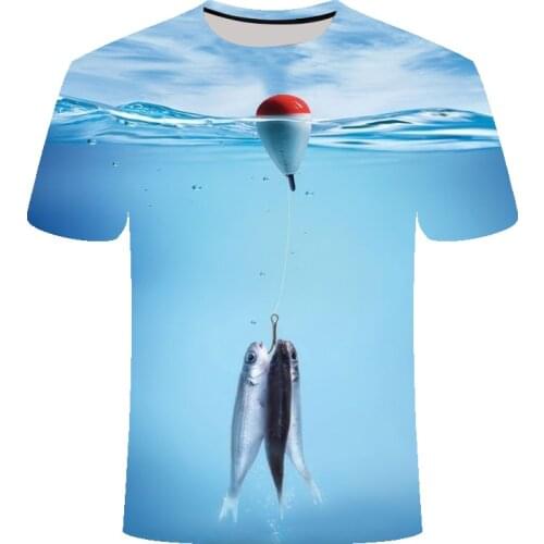 Drop ship Fishing tshirt casuall style Digital fish Short Sleeve O-neck 3D print T-shirt Great white shark sandbeach Asian size