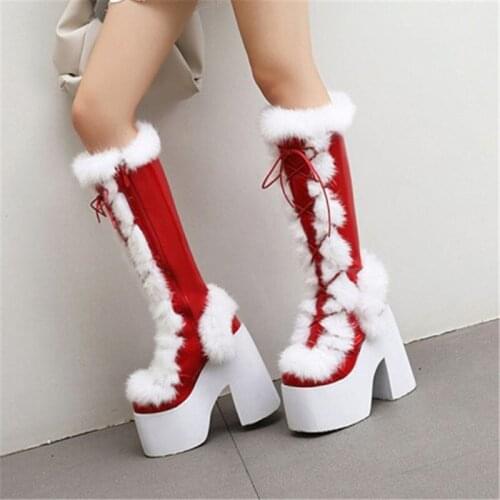 PXELENA Gorgeous Real Rabbit Fur Punk Rock Gothic Cosplay Knee High Boots Chunky Block Thick Sole Platform Costume Catwalk Boots