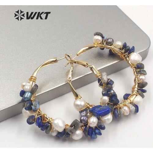 WT-E607 WKT Multicolor Gravel Stone Earring Wire Wrapped Gravel Stone And Pearl Romantic Fashion Earrings Jewelry Gift For Lady