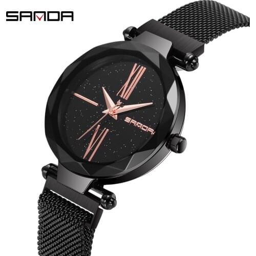 SANDA 253 Ladies Fashion Bracelet Watch Magnet Buckle Mesh Stainless Steel Charm Dress Waterproof Quartz Women Watch reloj mujer