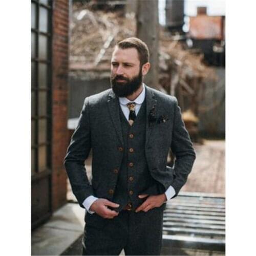 Dark Grey Tweed Casual Men Suit For Wedding Classic Blazer Masculino Party Prom Custom Made 3Pieces(Jacket+Pant+Vest+Tie)