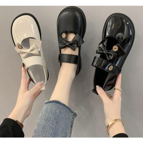 Lolita Shoes Patent Leather Mary Janes Shoes Round Toe Casual Shoe Bowtie Button Women Flats Spring Autumn zapatos mujer 8894L