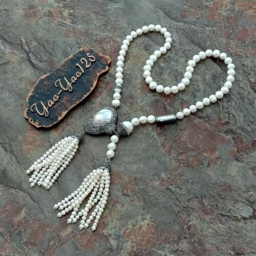 YYGEM 36'' White freshwater Pearl Necklace Big White Keshi Pearl Pendant sweater chain necklace for women