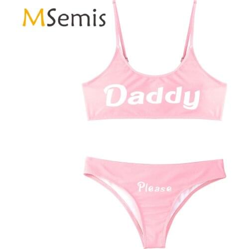 Womens Bikini Swimwear Lingerie Underwear Set Yes Daddy Printed Mini Camisole Bra Crop Tops with Briefs Anime Cosplay Costumes