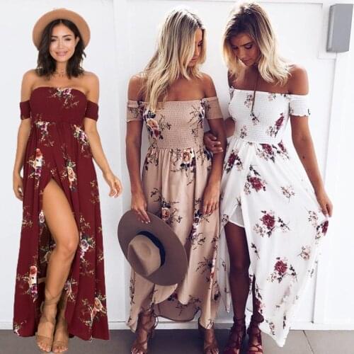 Boho Off Shoulder Maxi Dresses For Women Elegant Floral Printed Long Dress Summer Beach Vintage Party Dresses Vestidos Plus Size