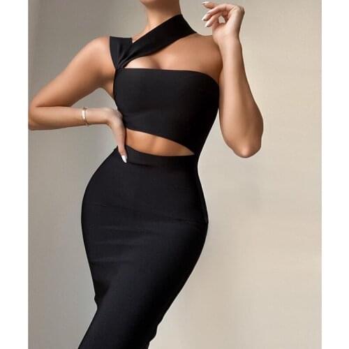 Summer 2021 Sexy Halter Hollow Out Solid Women Casual Slim Party Dress Vestidos Off Shoulder Nightclub Femme Robe Longue HD8363
