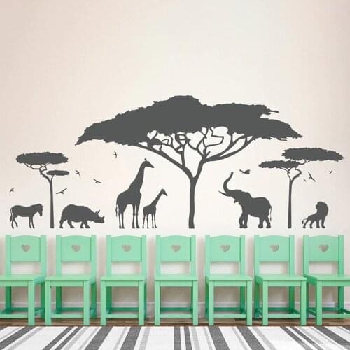 African Safari Vinyl Sticker Zoo Animals Wall Decal, Nature Giraffe Elephant Lion Tree Wall Art Nursery Decor Room Decor Z391