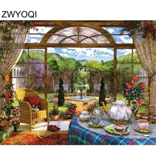 Full Round Diamond embroidery Garden tea chair Full Square Diamond mosaic Garden afternoon tea DIY Diamond painting Cross stitch